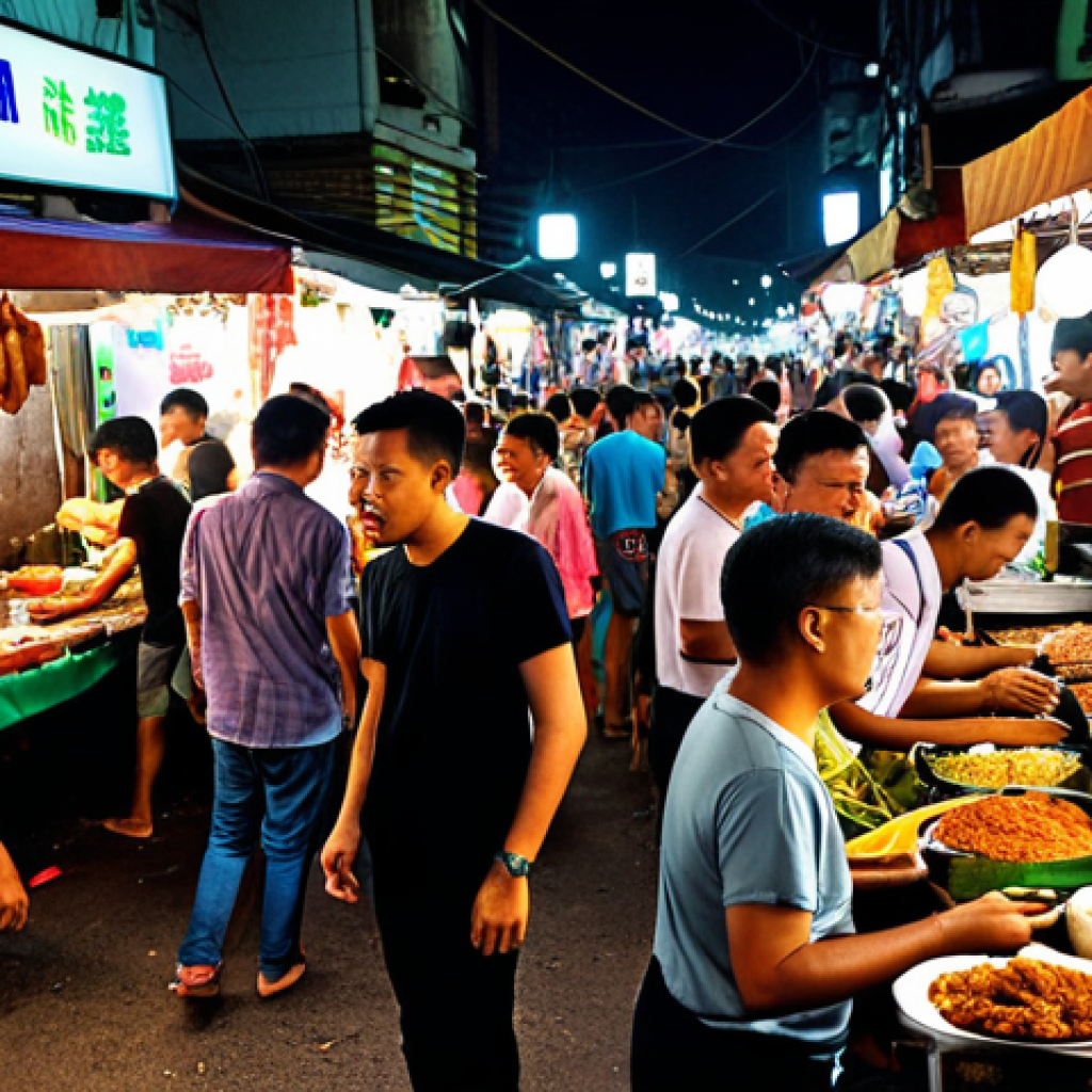**Prompt:** A bustling "pasar malam" (night market) scene in Kuala Lumpur, Malaysia. Street food stalls with vibrant lights, vendors selling local delicacies like "nasi lemak" and "satay." Crowds of people enjoying the lively atmosphere.