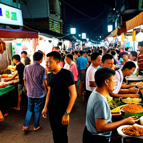 Home 15 **Prompt:** A bustling "pasar malam" (night market) scene in Kuala Lumpur, Malaysia. Street food stalls with vibrant lights, vendors selling local delicacies like "nasi lemak" and "satay." Crowds of people enjoying the lively atmosphere.