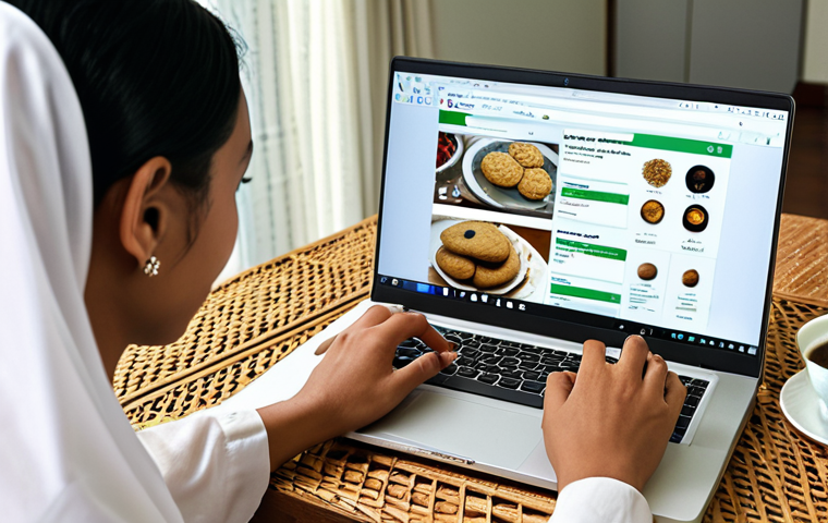 **
"A person using a laptop in a modern home, filtering information on a screen displaying various website layouts, focusing on identifying credible sources for a Hari Raya cookie recipe. Subtle Malay cultural elements in the home decor."
**